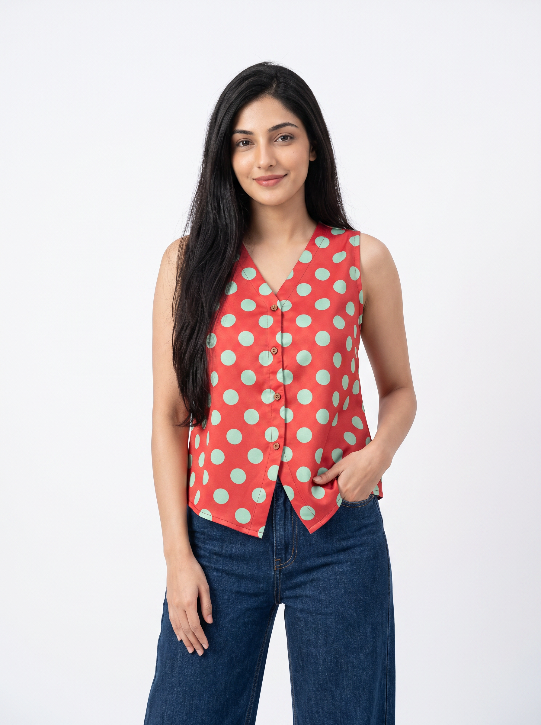 A woman modeling a sleeveless red button-up top with a mint green polka dot pattern, paired with dark blue jeans, against a plain white studio background.
