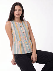 A woman wearing a sleeveless striped peplum top with vertical pastel stripes in blue, pink, yellow, and beige, paired with black pants, posed against a plain white studio background.
