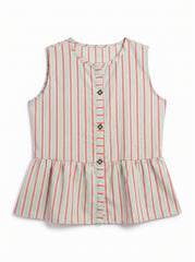 A sleeveless children's top with vertical red and green stripes on a light beige background, featuring a buttoned front and a peplum hem.