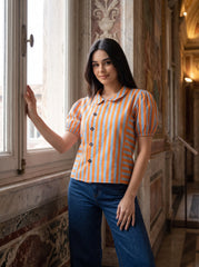 Tangerine Stripe Collared Button-Front Top