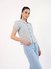 Sky Blue Stripe Peter Pan Collar Button-Front Top