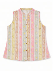 Pastel Daisy Stripe Sleeveless Button-Front Top