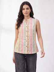 Pastel Daisy Stripe Sleeveless Button-Front Top