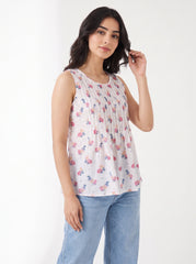 White Mini Bloom Pintuck Sleeveless Top