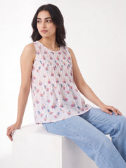White Mini Bloom Pintuck Sleeveless Top