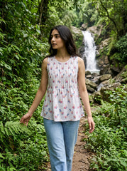 White Mini Bloom Pintuck Sleeveless Top
