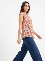 Peach Floral Button-Front Sleeveless Top