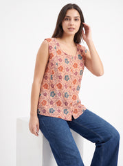 Peach Floral Button-Front Sleeveless Top