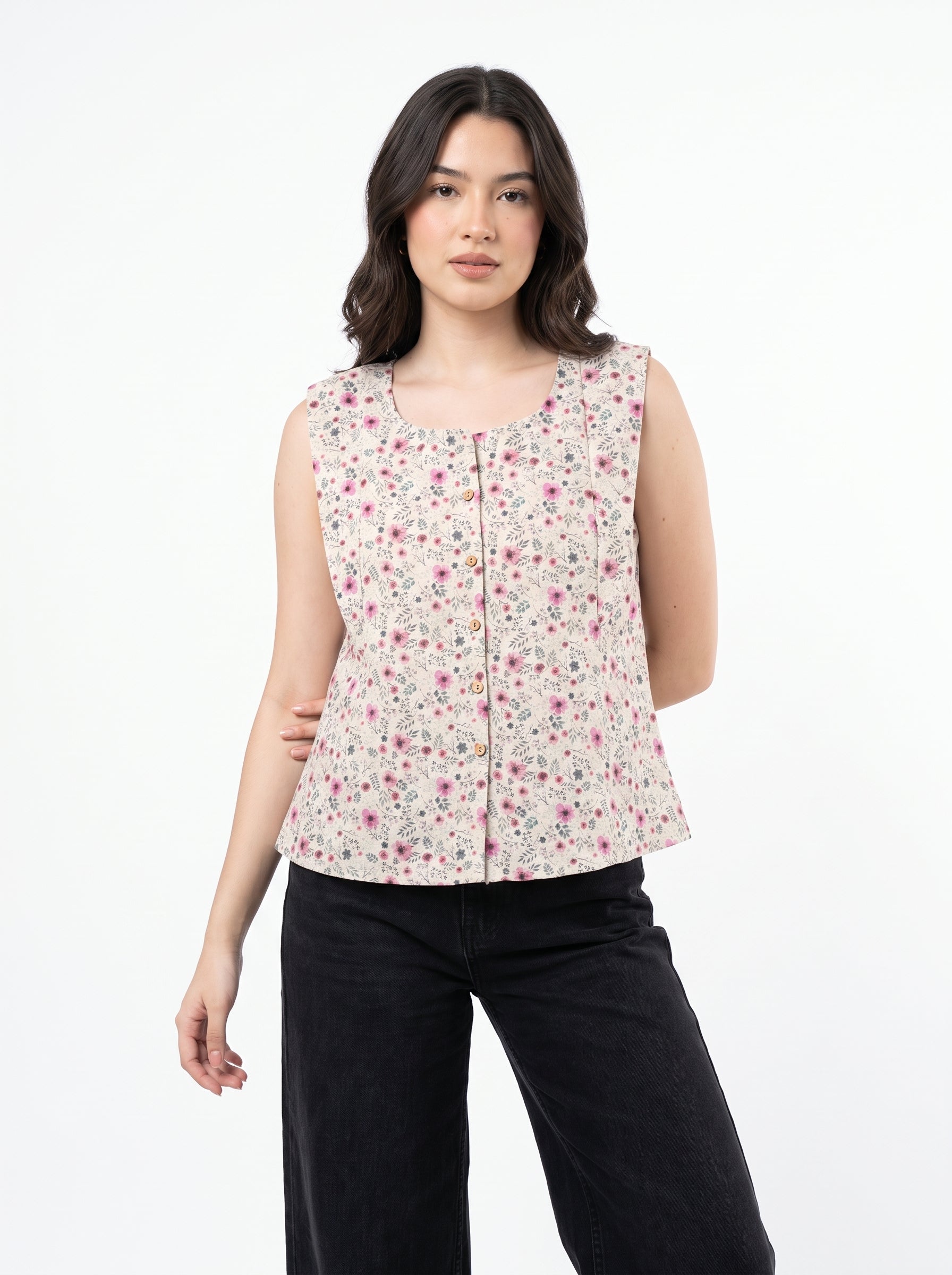 A charming Beige sleeveless top featuring delicate pink mini florals with subtle grey and green botanical accents for a soft feminine look.