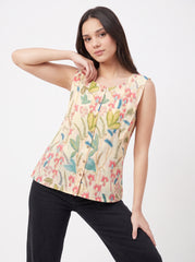 Coral Pink Floral Motifs with Green & Teal Leaf Accents and Front Button Detailing
