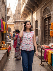A woman wearing a sleeveless white top with a pink and green floral print and dark blue jeans walks down a narrow stone street in an ancient Indian town, with temples and colorful textiles visible in the background.