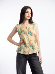 Beige Watercolor Leaf Button-Front Sleeveless Top