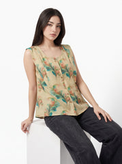 Beige Watercolor Leaf Button-Front Sleeveless Top