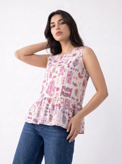 A charming off-white sleeveless top featuring pink, purple, blue, and green paisley motifs for a bright and feminine look.