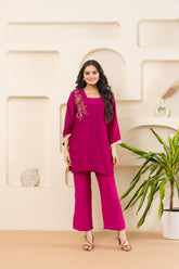 Embroidered V-Neck Bell Sleeve-Pink