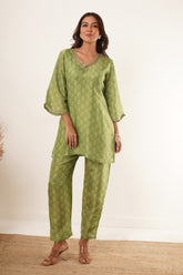 Green Patterned Co-Ord Set with Bell Sleeves