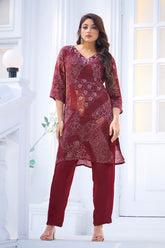 Hand Mirror Work V-Neck Kurti Set-Maroon