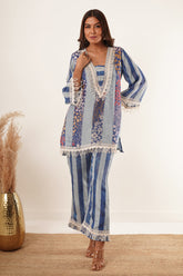 Boho Chic Fringe-Trimmed Floral Striped Lounge Set