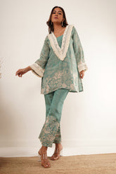 Elegant Sage Green Floral Lace-Trimmed Tunic Set