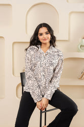 Oversized Beige Floral Printed Cotton Shirt