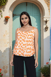 Orange Geometric Print fancy tops for women?
