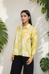 Yellow Floral Cotton Shirts For Women