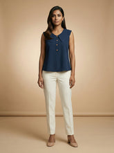 Navy Blue Sleeveless Wide Collar Shirt Top for Women | Formal Office Wear