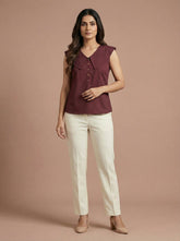 Maroon Sleeveless Wide Collar Shirt Top for Women | Formal Office Wear