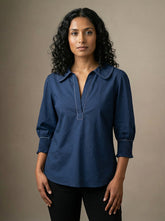 Navy Blue Contrast Stitch Long Sleeve Shirt Collar Top for Women | Formal Workwear