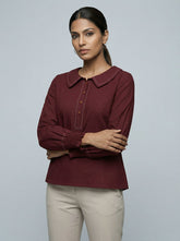Maroon Contrast Stitch Long Sleeve Shirt Collar Top for Women | Formal Office Wear