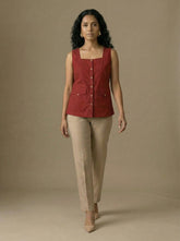 Earthy Red Square Neck Sleeveless Utility Pocket Top for Women | Formal Workwear