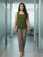 Green Square Neck Sleeveless Utility Pocket Top for Women | Formal Office Wear