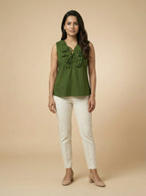 Green Sleeveless Ruffle V-Neck Top for Women | Formal Workwear