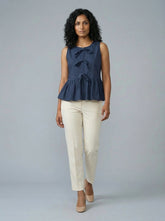 Navy Blue V-Neck Sleeveless Peplum Top for Women | Formal Office Wear