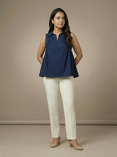 Navy Blue Solid A-Line Sleeveless Collared Top for Women | Formal Office Wear