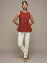 Earthy Red Sleeveless Pleated Solid Kurti Top for Women | Formal Office Wear