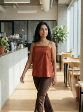 Rust Cotton Spaghetti Strap Top with Side Buttons for Women