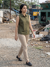 Olive Green Cotton Sleeveless Button-Down Top for Women