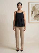 Rust Cotton Sleeveless Mandarin Collar Top with Decorative Tie Detail for Women
