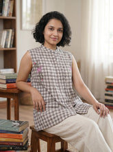 Wine Khadi Check Embroidered Sleeveless Tops For Women