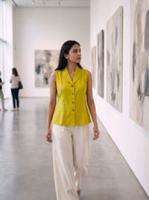 Mustard Khadi Sleeveless Shirt Collar Tops For Women