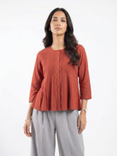 Rust Cotton Pleated 3/4 Sleeve Tops For Women