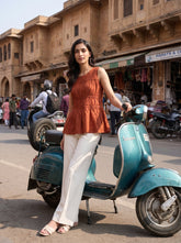 Rust Cotton Sleeveless Peplum Tops For Women