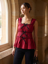 Red Cotton Square Neck Ruffle Detail Tops for Women