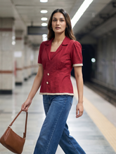 Red Cotton Lapel Collar Tie-Up Shirt for Women