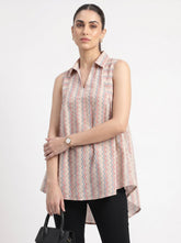 Cream Chevron Shirt Collar Cotton Tops for Women