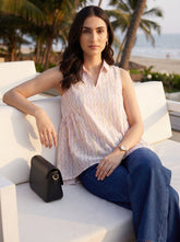 Pink Chevron Shirt Collar Casual Cotton Top