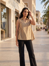 Khaki Chevron Shirt Collar Tie-Up Tops for Women