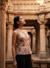 Orange Floral Lace-Up Round Neck Cotton Top