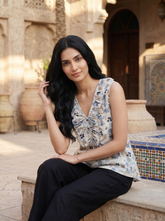 Off White Floral Tie-Up Neck Cotton Top